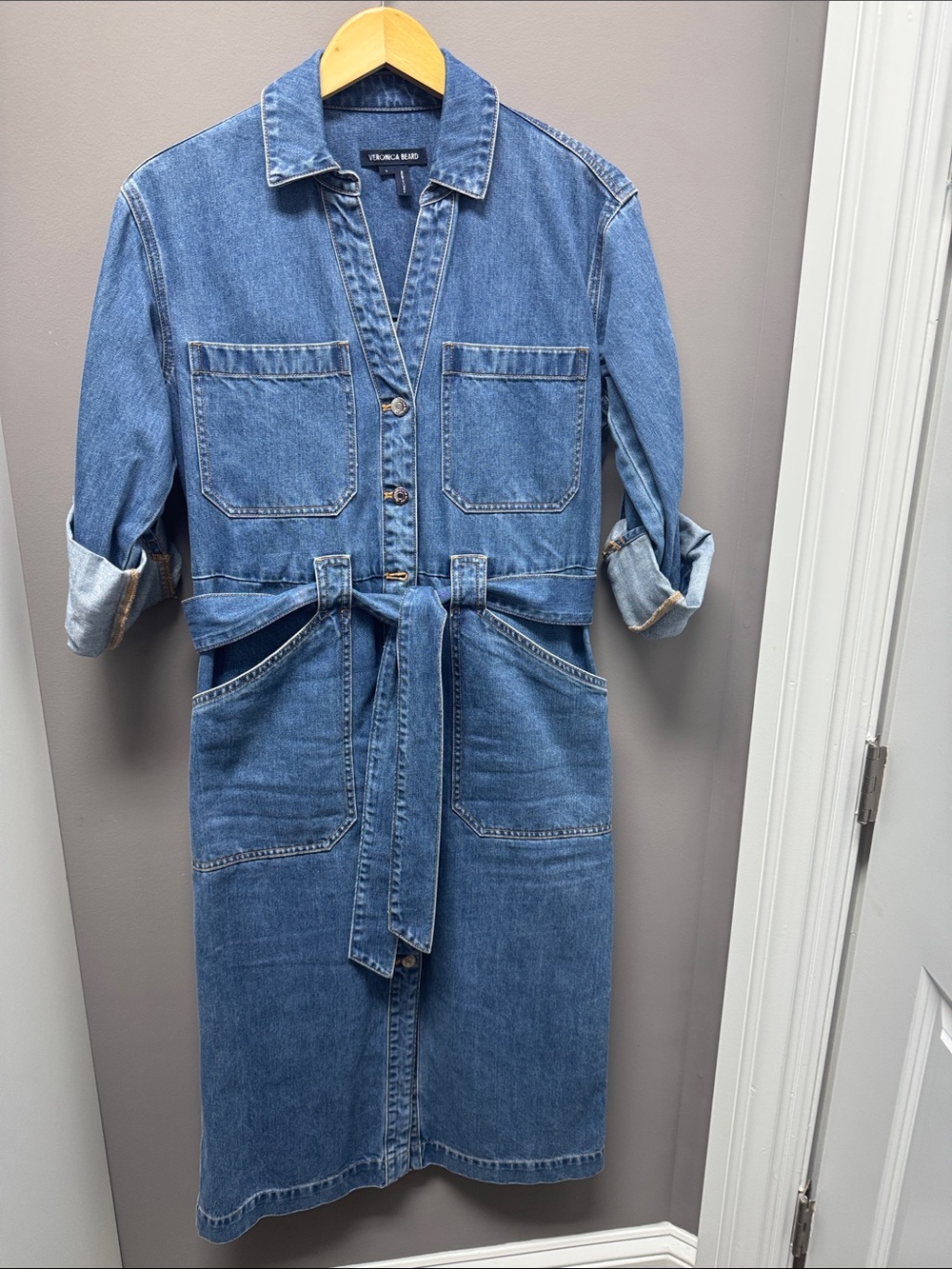Veronica Beard Medium Blue Denim Midi Shirt Dress with Tie Waist